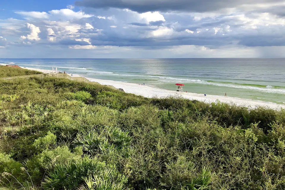 View of the Gulf of Mexico and sea oats from a beach house in Rosemary Beach, Florida